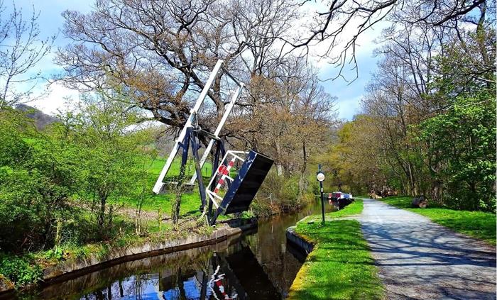 A scenic view of a Llangollen canal Lift Bridge edged by Trees, grassed edges and the Towpath.
